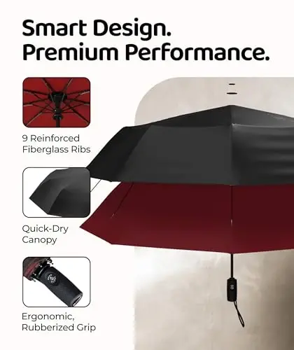 Windproof Travel Umbrella - Compact & Withstands Winds up to 100MPH, Strongest Premium Auto Folding Umbrella for Rain and Sun - Durable, Light & Portable for Women & Men, Fits Backpack & Cars - 3