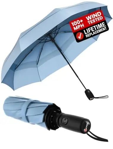 Windproof Travel Umbrella - Compact & Withstands Winds up to 100MPH, Strongest Premium Auto Folding Umbrella for Rain and Sun - Durable, Light & Portable for Women & Men, Fits Backpack & Cars - 1