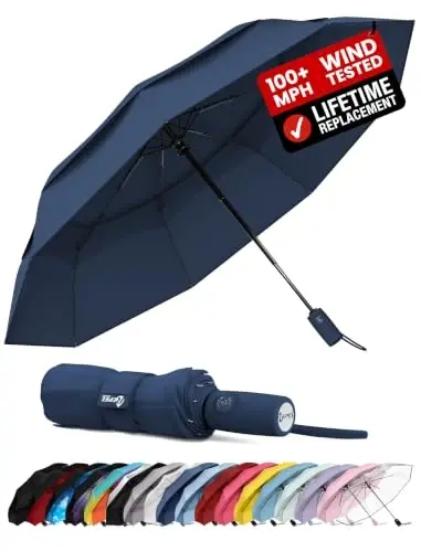 Windproof Travel Umbrella - Compact & Withstands Winds up to 100MPH, Strongest Premium Auto Folding Umbrella for Rain and Sun - Durable, Light & Portable for Women & Men, Fits Backpack & Cars - 1
