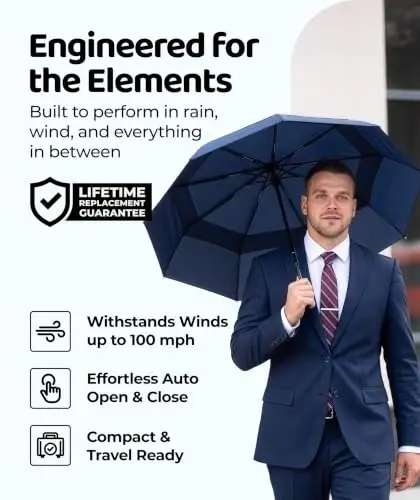 Windproof Travel Umbrella - Compact & Withstands Winds up to 100MPH, Strongest Premium Auto Folding Umbrella for Rain and Sun - Durable, Light & Portable for Women & Men, Fits Backpack & Cars - UPPER ECHELON PRODUCTS (1)