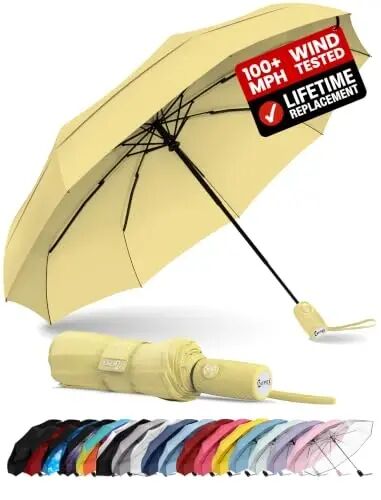 Windproof Travel Umbrella - Compact & Withstands Winds up to 100MPH, Strongest Premium Auto Folding Umbrella for Rain and Sun - Durable, Light & Portable for Women & Men, Fits Backpack & Cars - 1