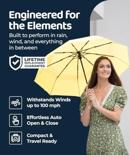 Windproof Travel Umbrella - Compact & Withstands Winds up to 100MPH, Strongest Premium Auto Folding Umbrella for Rain and Sun - Durable, Light & Portable for Women & Men, Fits Backpack & Cars - Windproof (1)