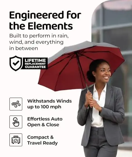 Windproof Travel Umbrella - Compact & Withstands Winds up to 100MPH, Strongest Premium Auto Folding Umbrella for Rain and Sun - Durable, Light & Portable for Women & Men, Fits Backpack & Cars - UPPER ECHELON PRODUCTS LLC (1)