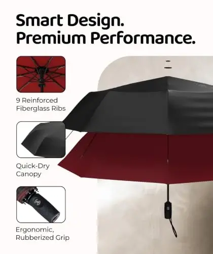 Windproof Travel Umbrella - Compact & Withstands Winds up to 100MPH, Strongest Premium Auto Folding Umbrella for Rain and Sun - Durable, Light & Portable for Women & Men, Fits Backpack & Cars - 3