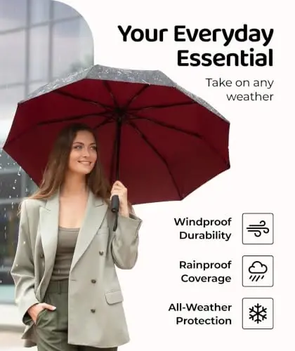 Windproof Travel Umbrella - Compact & Withstands Winds up to 100MPH, Strongest Premium Auto Folding Umbrella for Rain and Sun - Durable, Light & Portable for Women & Men, Fits Backpack & Cars - 6