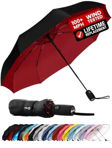 Windproof Travel Umbrella - Compact & Withstands Winds up to 100MPH, Strongest Premium Auto Folding Umbrella for Rain and Sun - Durable, Light & Portable for Women & Men, Fits Backpack & Cars 
