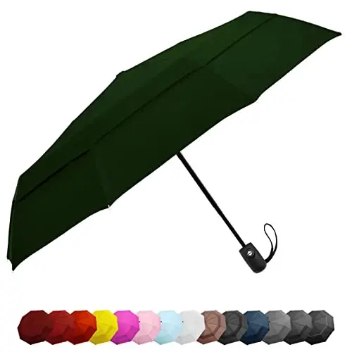 Windproof Travel Umbrellas for Rain - Lightweight, Strong, Compact with & Easy Auto Open/Close Button for Single Hand Use - Double Vented Canopy for Men & Women - 1
