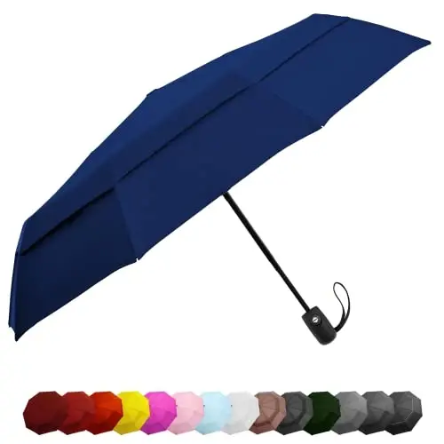Windproof Travel Umbrellas for Rain - Lightweight, Strong, Compact with & Easy Auto Open/Close Button for Single Hand Use - Double Vented Canopy for Men & Women - EEZ-Y