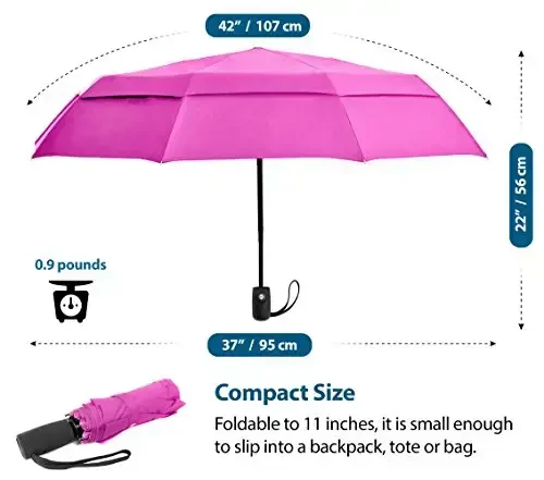 Windproof Travel Umbrellas for Rain - Lightweight, Strong, Compact with & Easy Auto Open/Close Button for Single Hand Use - Double Vented Canopy for Men & Women - 3