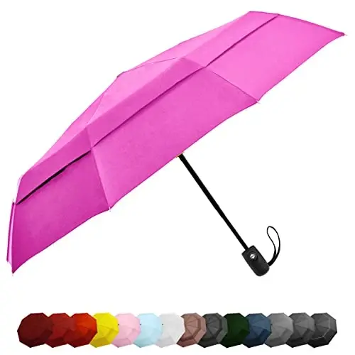 Windproof Travel Umbrellas for Rain - Lightweight, Strong, Compact with & Easy Auto Open/Close Button for Single Hand Use - Double Vented Canopy for Men & Women 