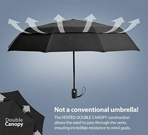 Windproof Travel Umbrellas for Rain - Lightweight, Strong, Compact with & Easy Auto Open/Close Button for Single Hand Use - Double Vented Canopy for Men & Women - 2