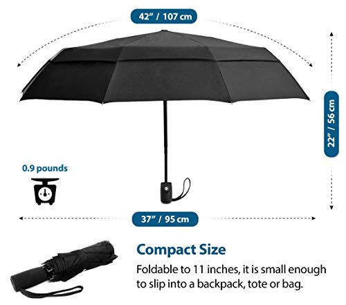 Windproof Travel Umbrellas for Rain - Lightweight, Strong, Compact with & Easy Auto Open/Close Button for Single Hand Use - Double Vented Canopy for Men & Women - 3