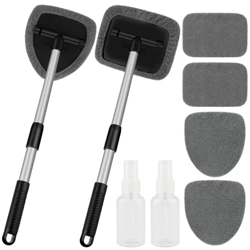Windshield Cleaner Tool, Car Window Cleaner Tool with 4 Pcs Reusable Microfiber Pads, Extendable Handle Inside Windshield Window Cleaning Tool for Auto Glass Home(2 Pack, Gray) - SINSETU (1)