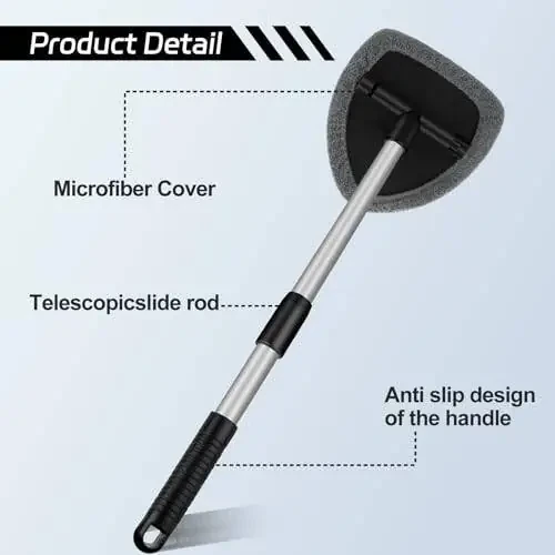 Windshield Cleaner Tool, Car Window Cleaner Tool with 4 Pcs Reusable Microfiber Pads, Extendable Handle Inside Windshield Window Cleaning Tool for Auto Glass Home(2 Pack, Gray) - 4