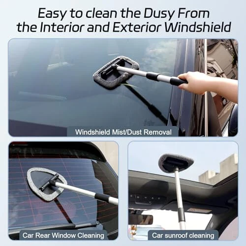 Windshield Cleaner Tool, Car Window Cleaner Tool with 4 Pcs Reusable Microfiber Pads, Extendable Handle Inside Windshield Window Cleaning Tool for Auto Glass Home(2 Pack, Gray) - 7
