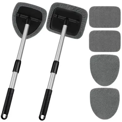 Windshield Cleaner Tool, Car Window Cleaner Tool with 4 Pcs Reusable Microfiber Pads, Extendable Handle Inside Windshield Window Cleaning Tool for Auto Glass Home(2 Pack, Gray) - 1