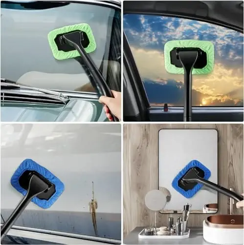 Windshield Cleaning Tool Windshield Cleaning Wand Auto Window Cleaner,5 Pieces Reusable Cloth Pads for Car Interior, Dirty Car Washing Brushes (Blue) - 3