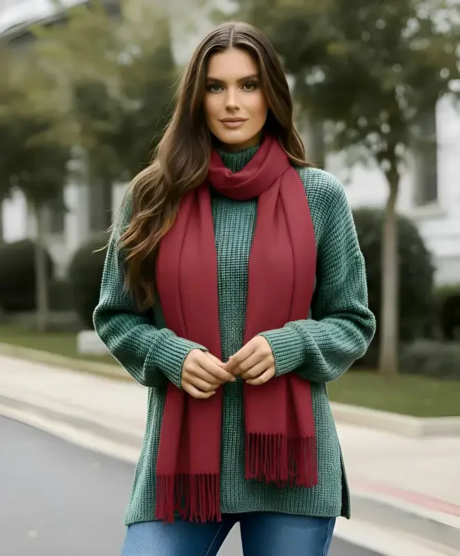Wine Red Solid Scarfs for Women Fashion Warm Neck Womens Winter Scarves PasModazoneina Silk Scarf Wrap with Fringes for Ladies by Oussum - 2