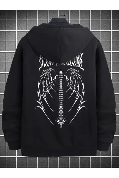 Wing Design Sweatshirt Zip Hoodie - Black Printed Oversize Pocket Winter Hooded - MODABERRY