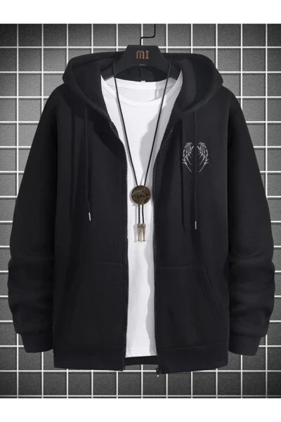Wing Design Sweatshirt Zip Hoodie - Black Printed Oversize Pocket Winter Hooded - MODABERRY (1)