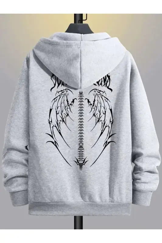 Wing Design Sweatshirt Zippered Cardigan - Gray Printed Oversized Pocketed Winter Hooded-Gray - 1