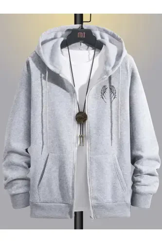 Wing Design Sweatshirt Zippered Cardigan - Gray Printed Oversized Pocketed Winter Hooded-Gray - MODABERRY (1)