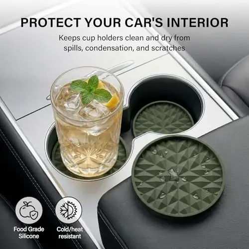 Wingcases Car Coasters Silicone [4 Pack] 2.75in Universal Mats Non-Slip, Embedded Car Interior Accessories, Car Cup Holders Insert Coasters Decor, Olive Green - 3