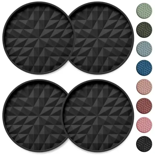 Wingcases Car Coasters Silicone [4 Pack] 2.75in Universal Mats Non-Slip, Embedded Car Interior Accessories, Car Cup Holders Insert Coasters Decor，Black 