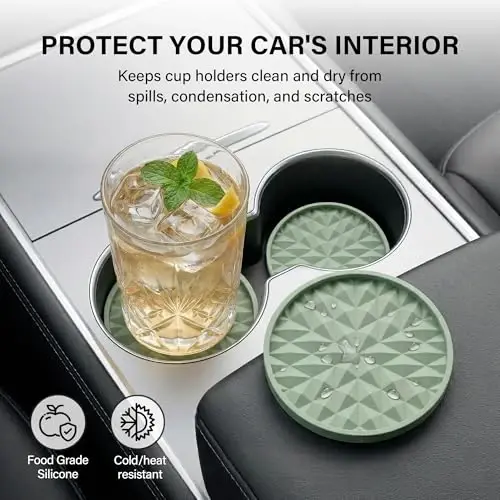 Wingcases Car Coasters Silicone [4 Pack] 2.75in Universal Mats Non-Slip, Embedded Car Interior Accessories, Car Cup Holders Insert Coasters Decor，Sage Green - 3