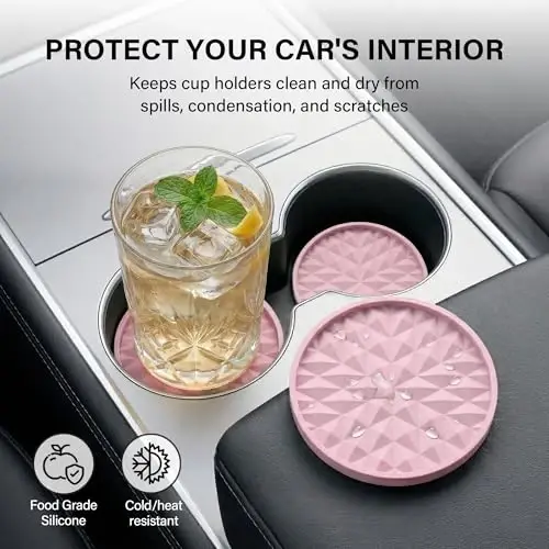 Wingcases Car Coasters Silicone[4 Pack] 2.75in Universal Mats Non-Slip, Embedded Interior Car Accessories, Car Cup Holders Insert Coasters Decor，Soft Pink - 3