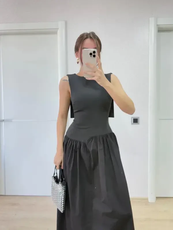 Winged Back Long Dress - Black - BÜYÜKBEDENIZ