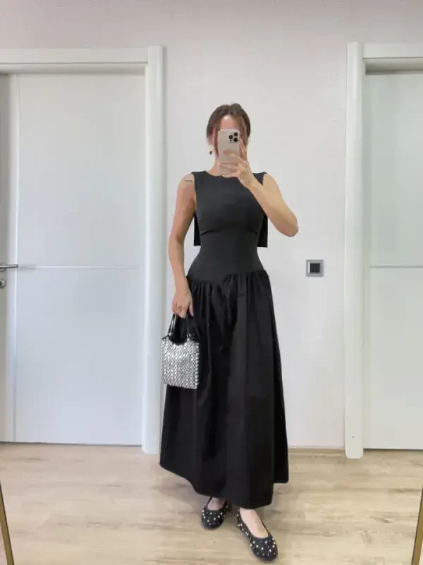 Winged Back Long Dress - Black - 2