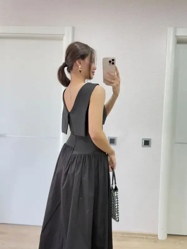 Winged Back Long Dress - Black - 4