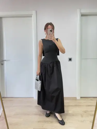 Winged Back Long Dress - Black - 3