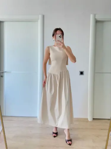 Winged Back Maxi Dress- Beige - 2