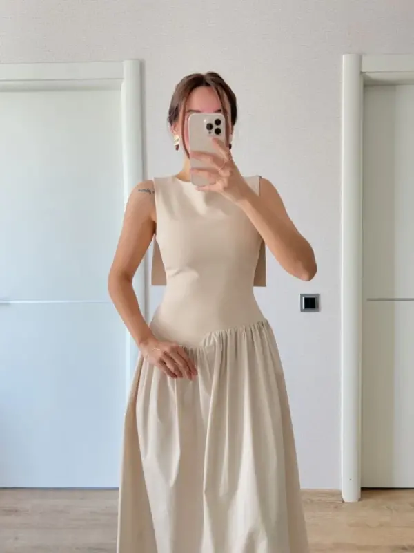 Winged Back Maxi Dress- Beige - 1