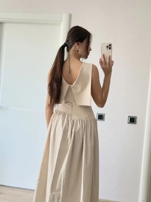 Winged Back Maxi Dress- Beige - 4