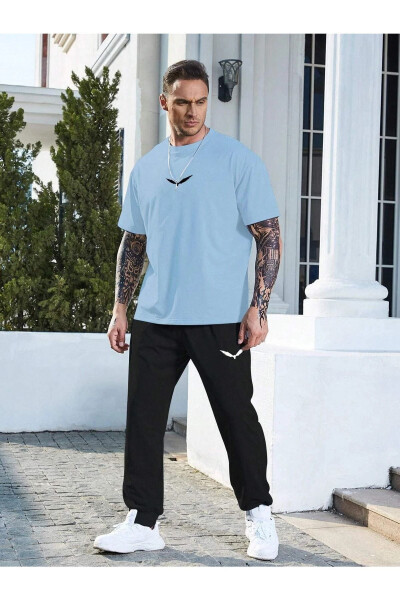 Wings Bebe Mavi T-shirt Siyah Eşofman Alt Jogger- Baskı Alt Üst Eşofman Takım Oversize Bisiklet Yak - Bebe Mavisi Siyah - 4