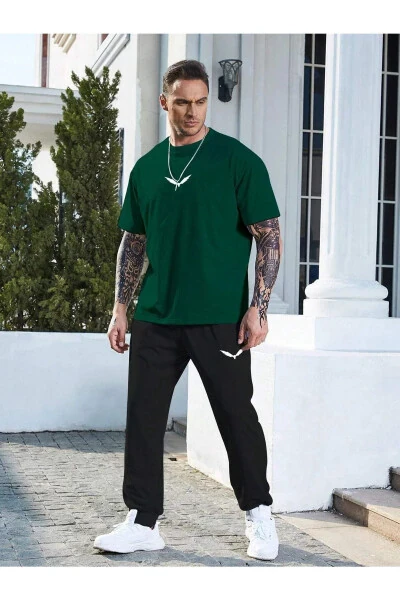 Wings Green T-shirt Black Jogger Pants - Printed Top & Bottom Tracksuit Oversize Crew Neck - 4