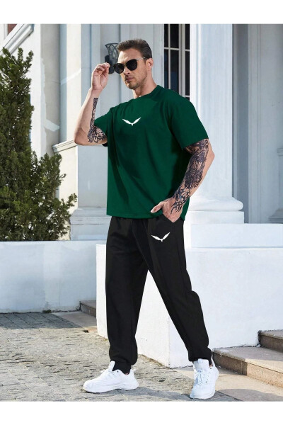 Wings Yashil Futbolka Qora Jogger Shimini - Bosilgan Yuqori va Pastki Sport Kostyumi Oversize Yelka - CLAYES (1)