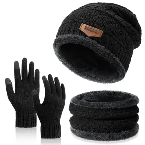 Winter Beanie Hat Circle Scarves Touchscreen Gloves Set, Warm Thick Fleece Lined Skull Cap Gloves Neck Warmer for Women Men - Modazone