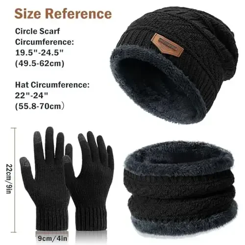 Winter Beanie Hat Circle Scarves Touchscreen Gloves Set, Warm Thick Fleece Lined Skull Cap Gloves Neck Warmer for Women Men - 3