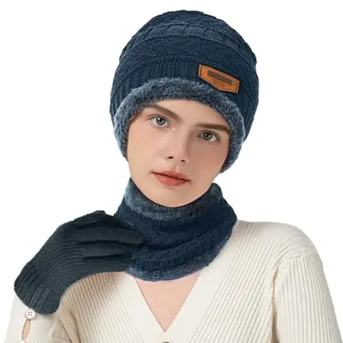 Winter Beanie Hat Circle Scarves Touchscreen Gloves Set, Warm Thick Fleece Lined Skull Cap Gloves Neck Warmer for Women Men - Modazone (1)