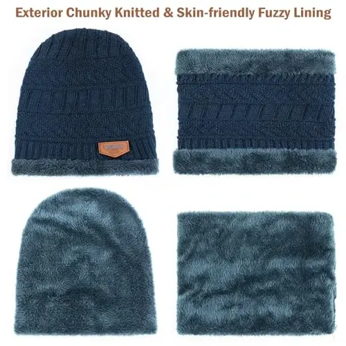 Winter Beanie Hat Circle Scarves Touchscreen Gloves Set, Warm Thick Fleece Lined Skull Cap Gloves Neck Warmer for Women Men - 4