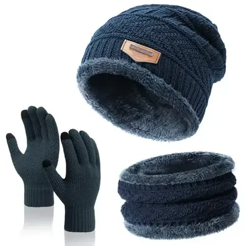 Winter Beanie Hat Circle Scarves Touchscreen Gloves Set, Warm Thick Fleece Lined Skull Cap Gloves Neck Warmer for Women Men - 1