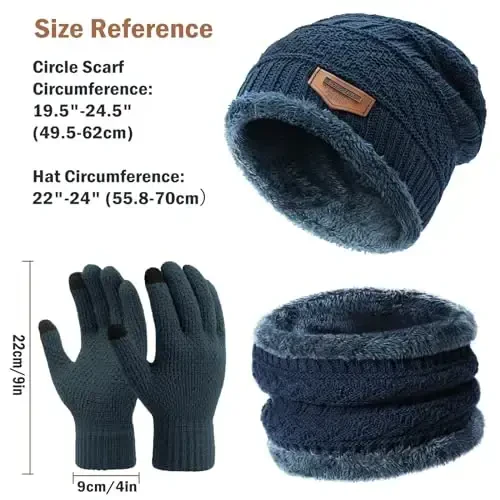 Winter Beanie Hat Circle Scarves Touchscreen Gloves Set, Warm Thick Fleece Lined Skull Cap Gloves Neck Warmer for Women Men - 3