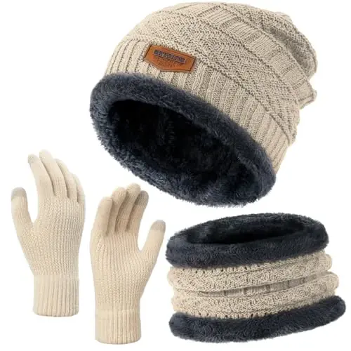 Winter Beanie Hat Circle Scarves Touchscreen Gloves Set, Warm Thick Fleece Lined Skull Cap Gloves Neck Warmer for Women Men - 1