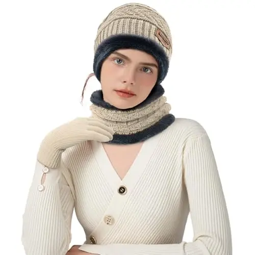 Winter Beanie Hat Circle Scarves Touchscreen Gloves Set, Warm Thick Fleece Lined Skull Cap Gloves Neck Warmer for Women Men - 2