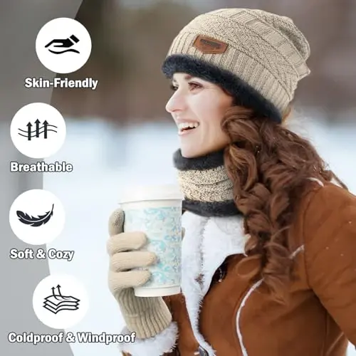Winter Beanie Hat Circle Scarves Touchscreen Gloves Set, Warm Thick Fleece Lined Skull Cap Gloves Neck Warmer for Women Men - 6