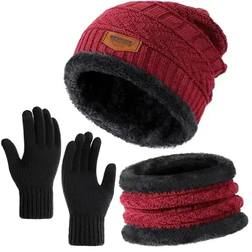 Winter Beanie Hat Circle Scarves Touchscreen Gloves Set, Warm Thick Fleece Lined Skull Cap Gloves Neck Warmer for Women Men - 1